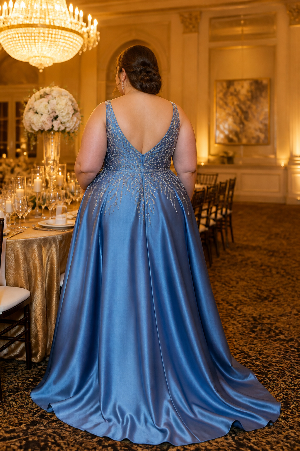 Plus Size Prom Dresses: 23 Silhouettes, Necklines & Details 15 A beaded plus-size prom dress that sparkles in a banquet hall.