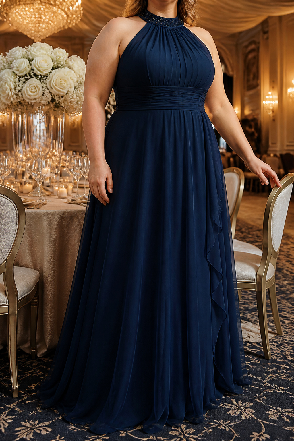 Plus Size Prom Dresses: 23 Silhouettes, Necklines & Details 19 A high-neck plus-size prom dress in deep navy.