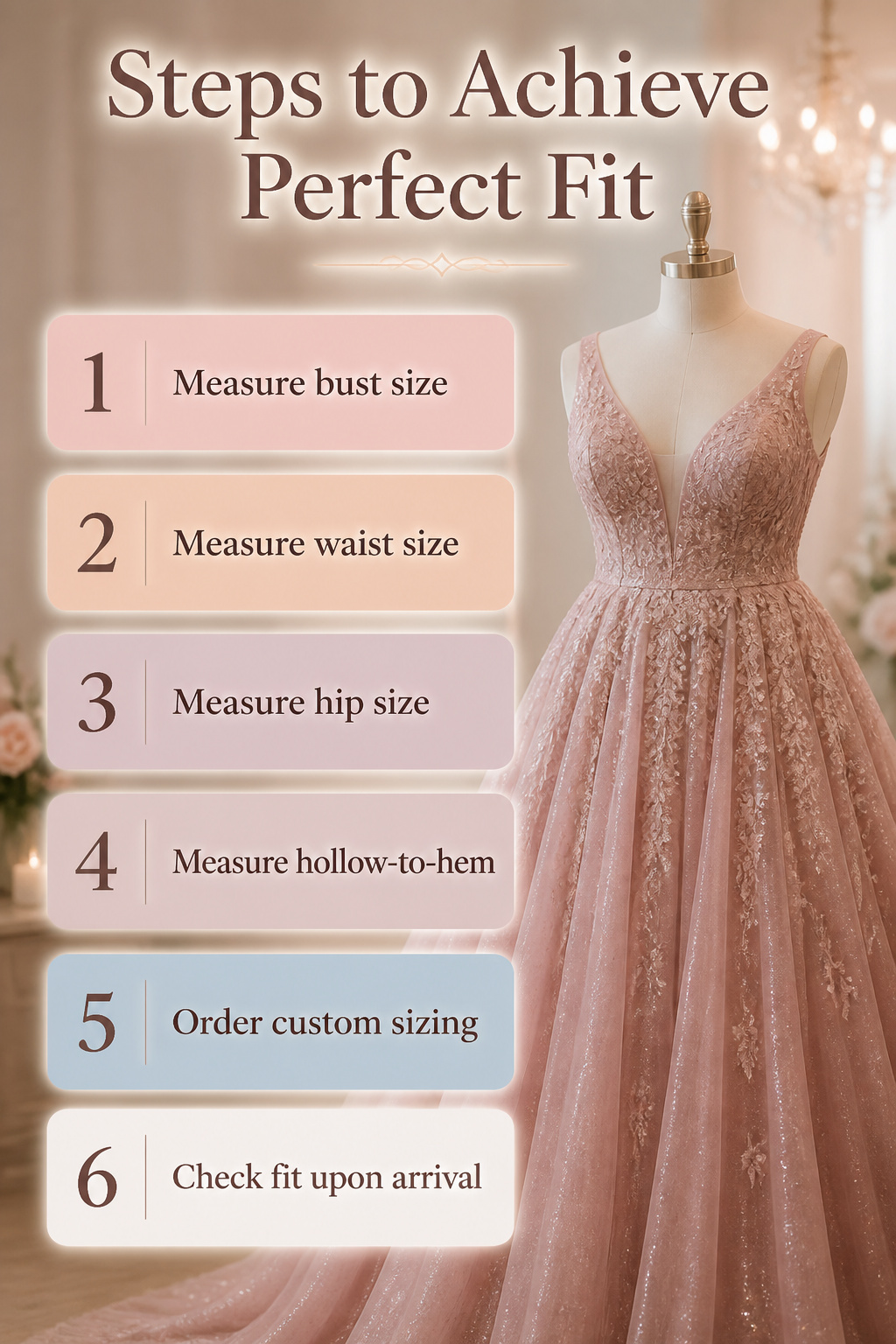 Plus Size Prom Dresses: 23 Silhouettes, Necklines & Details 24 An information image titled 'Steps to Achieve Perfect Fit'.