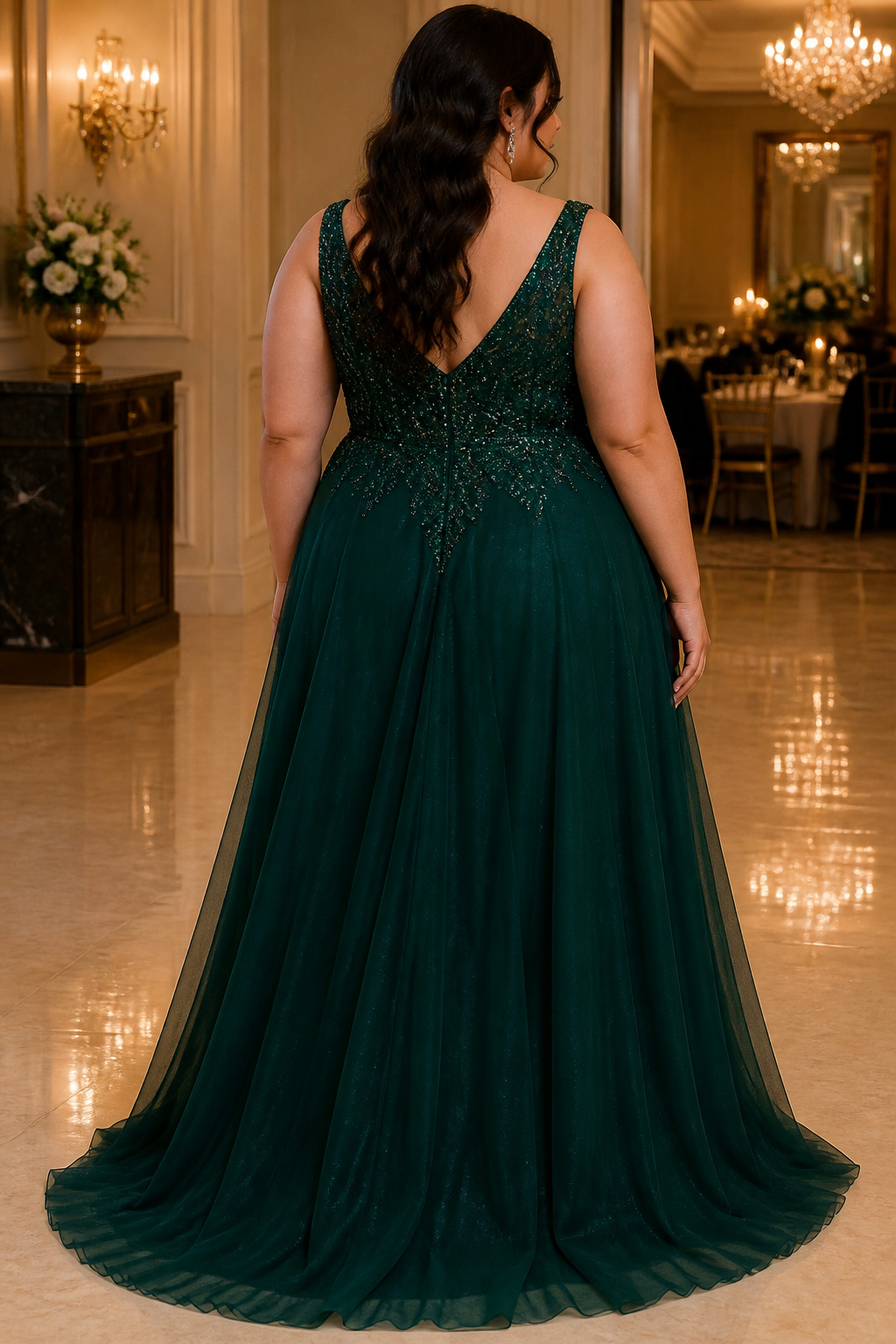 Plus Size Prom Dresses: 23 Silhouettes, Necklines & Details 7 A floor-length plus-size prom dress skimming the shoe.