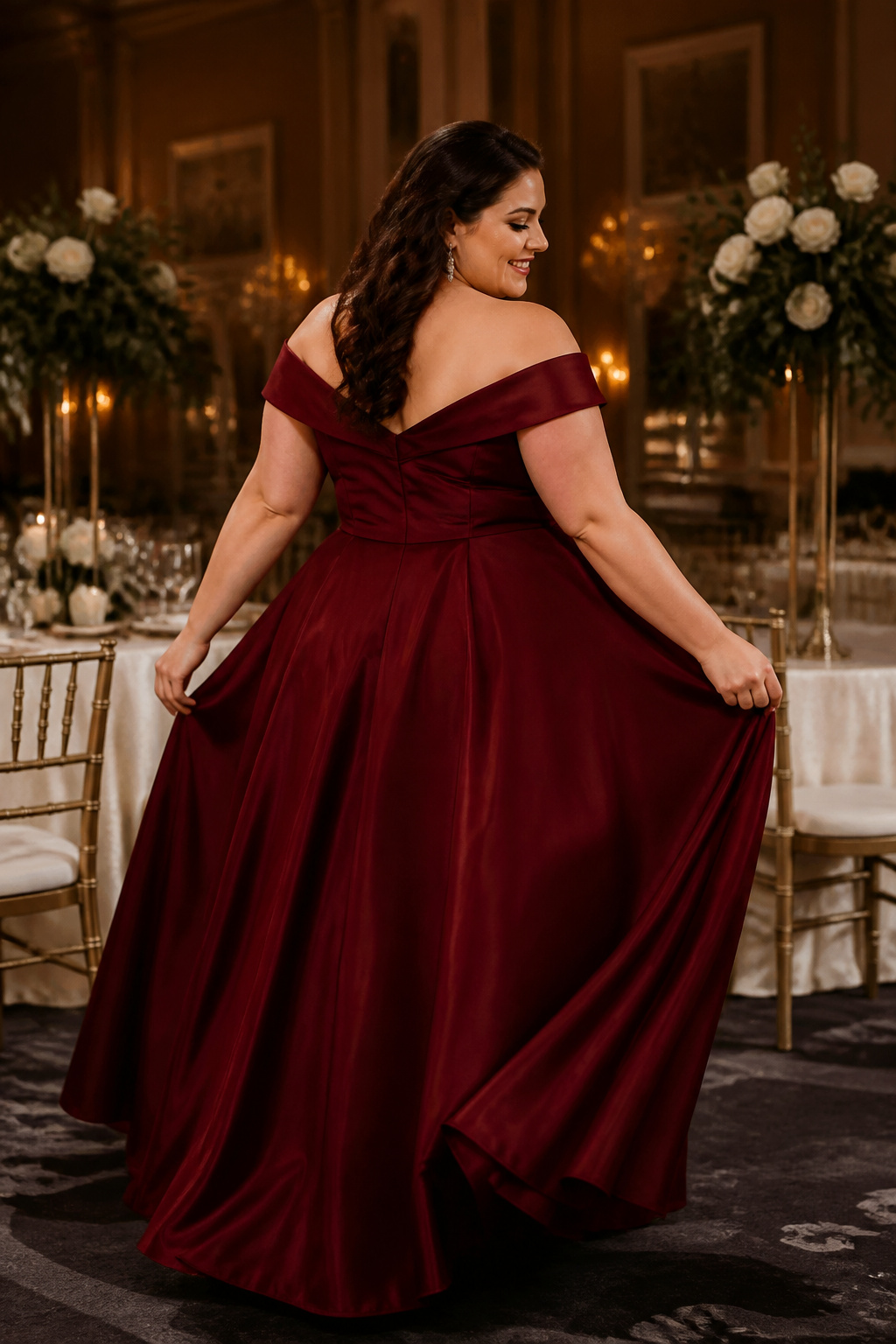 Plus Size Prom Dresses: 23 Silhouettes, Necklines & Details 8 A model wearing an off-the-shoulder plus-size prom dress.