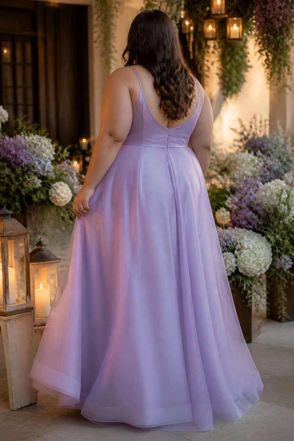 Plus Size Prom Dresses: 23 Silhouettes, Necklines & Details 9 A sleeveless plus-size prom dress in soft lavender.