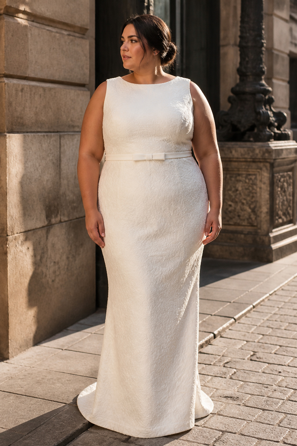 A plus-size sheath wedding dress with a straight cut from shoulder to hem.