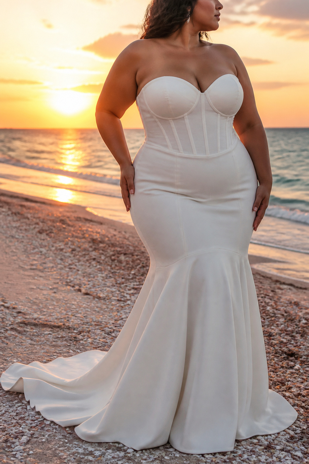 A plus-size mermaid wedding dress with a dramatic flare.