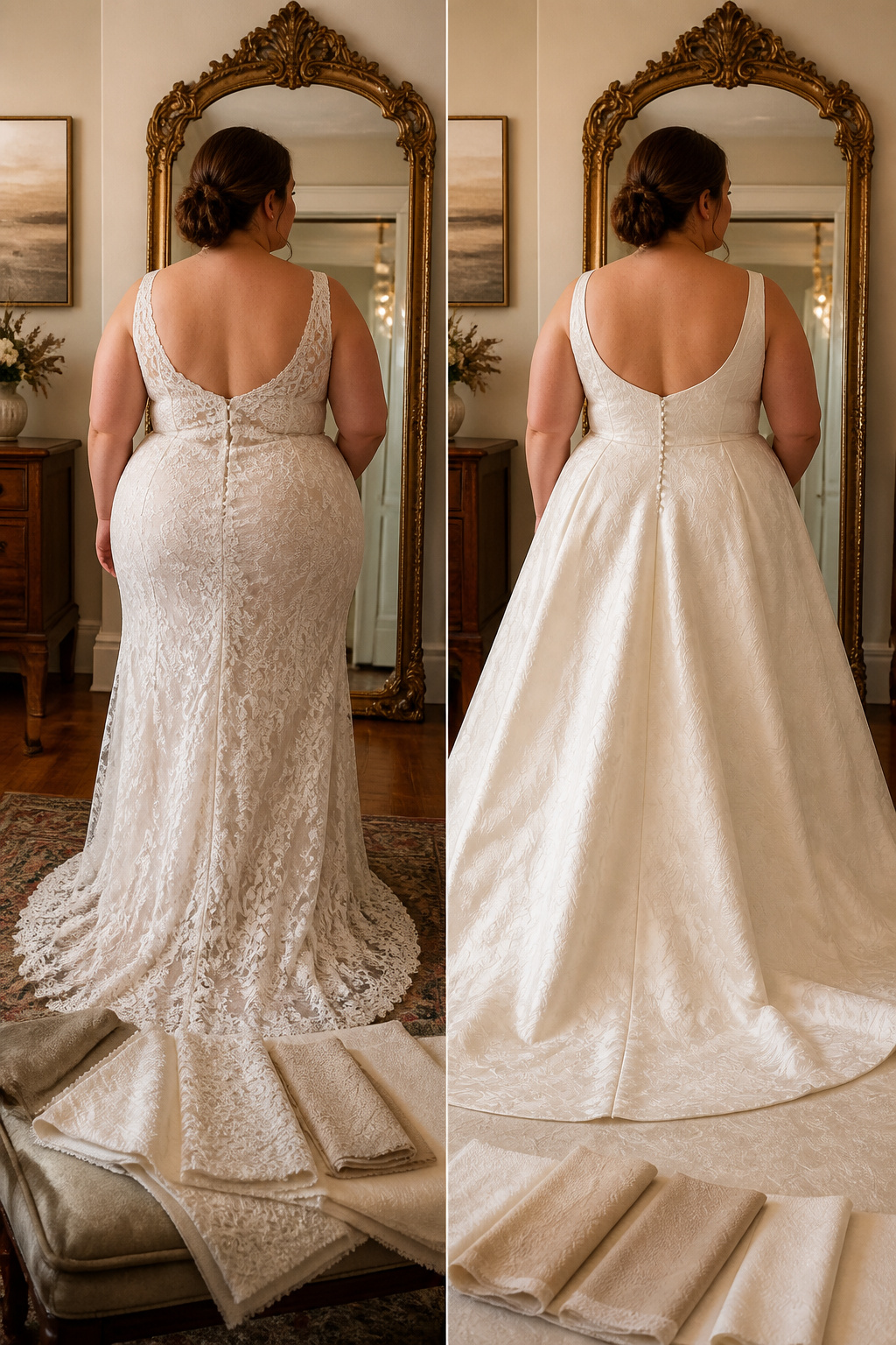 A variety of plus-size wedding dress fabrics displayed together.