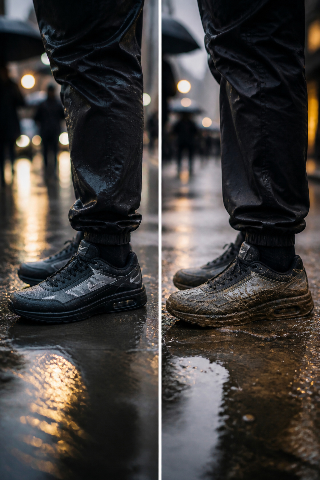 6 Rainy Day Outfit Ideas for Dry, Easy Style in 2026 1 Nike Air Max SNDR sneakers displayed on a wet surface.