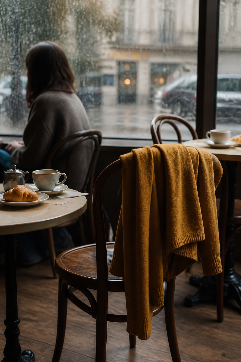 6 Rainy Day Outfit Ideas for Dry, Easy Style in 2026 3 A lightweight merino sweater draped over a café chair.