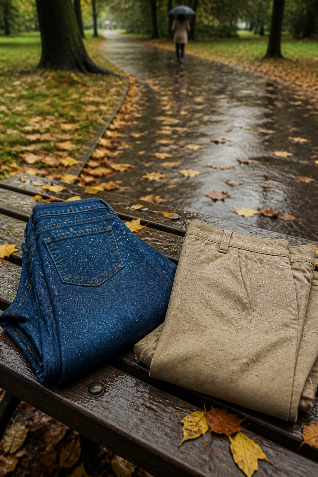 6 Rainy Day Outfit Ideas for Dry, Easy Style in 2026 5 Folded skinny jeans and cropped trousers on a rustic wooden bench.