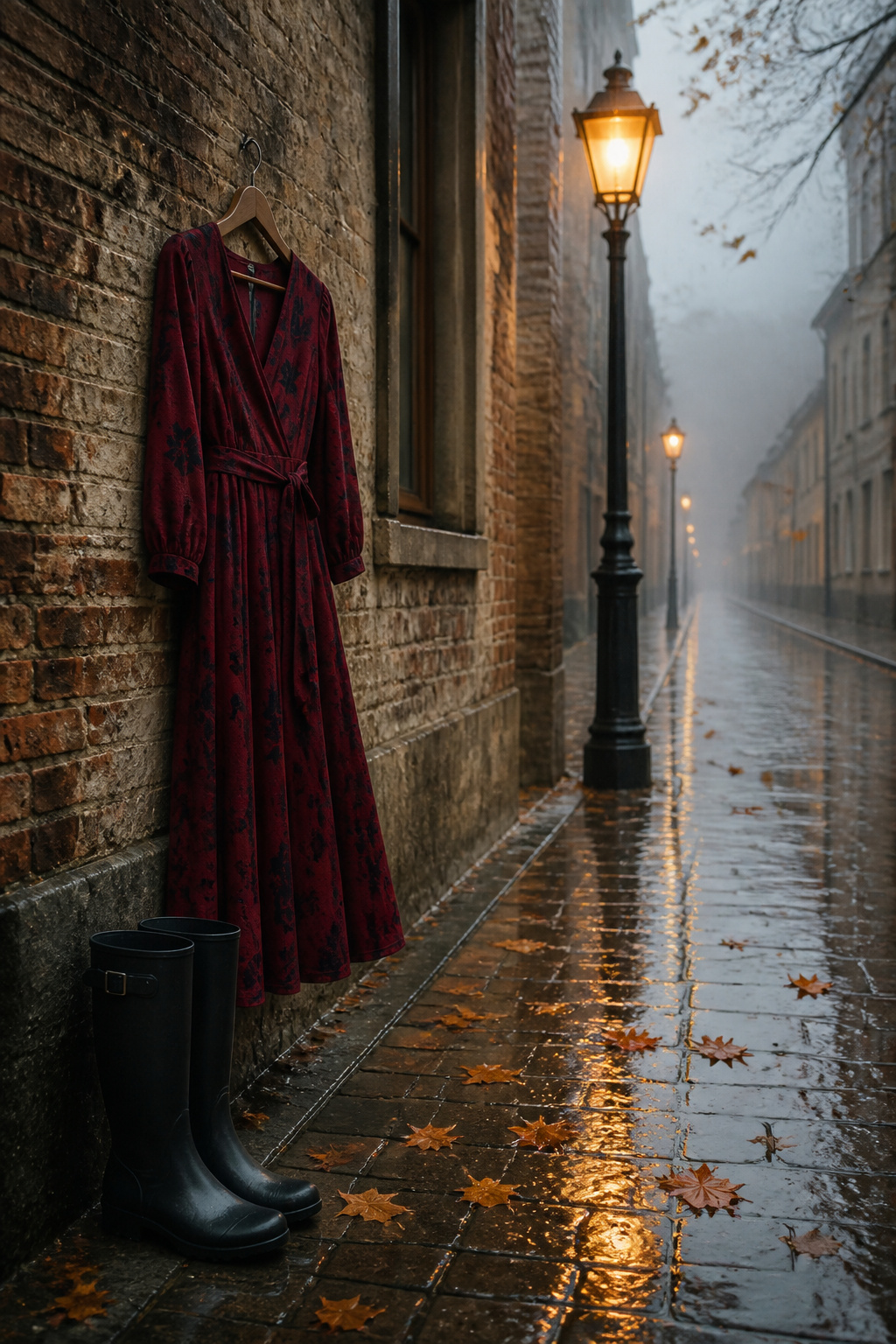 6 Rainy Day Outfit Ideas for Dry, Easy Style in 2026 6 A midi dress paired with knee-high waterproof boots displayed on a surface.