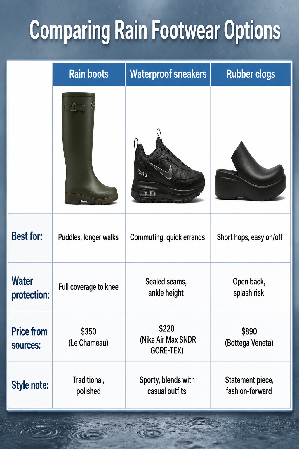 6 Rainy Day Outfit Ideas for Dry, Easy Style in 2026 7 A chart comparing rain boots, waterproof sneakers, and rubber clogs.