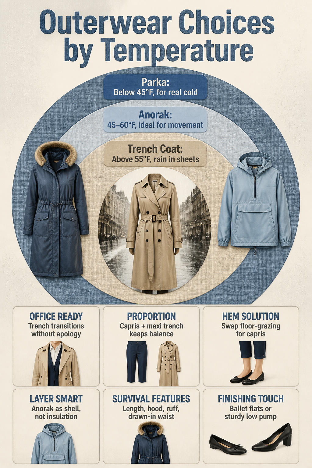 6 Rainy Day Outfit Ideas for Dry, Easy Style in 2026 8 A chart showing outerwear options based on temperature for rainy days.