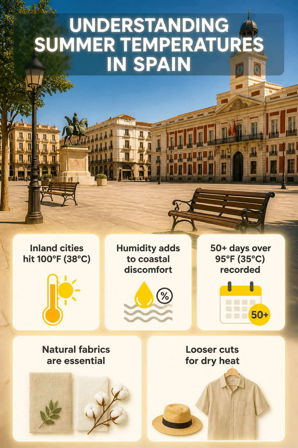 What to Wear in Spain in Summer 2026: 9 Outfit Essentials 10 A graphic displaying summer temperature trends in Spain.