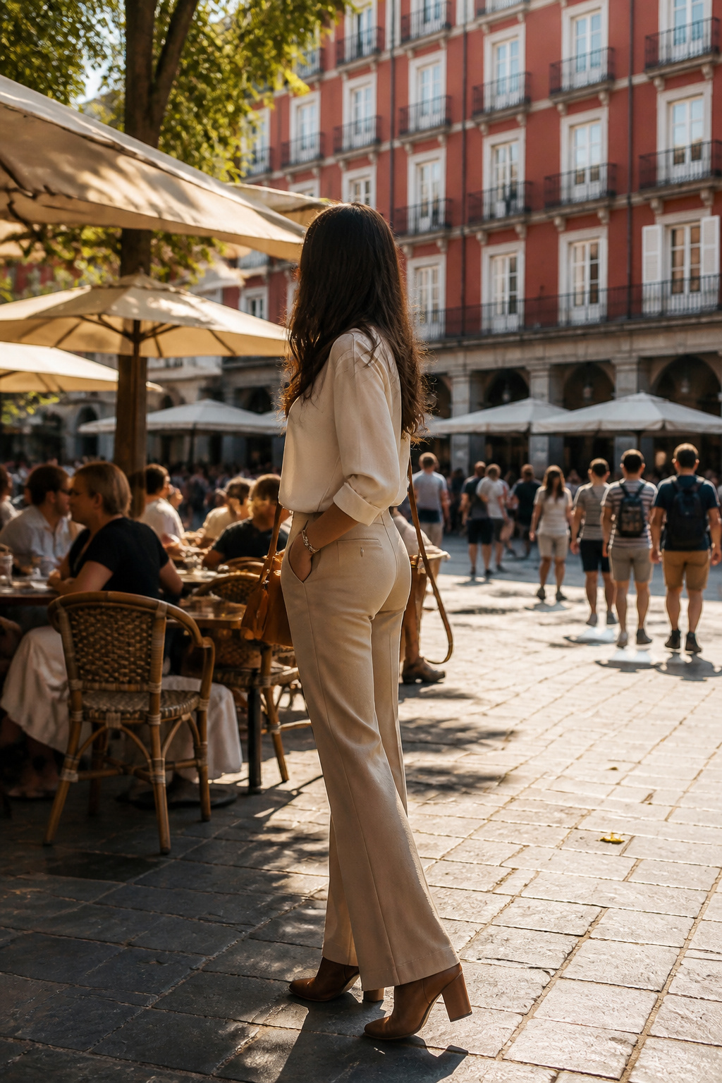 What to Wear in Spain in Summer 2026: 9 Outfit Essentials 11 A woman stands in a Madrid square wearing tailored trousers and a blouse.
