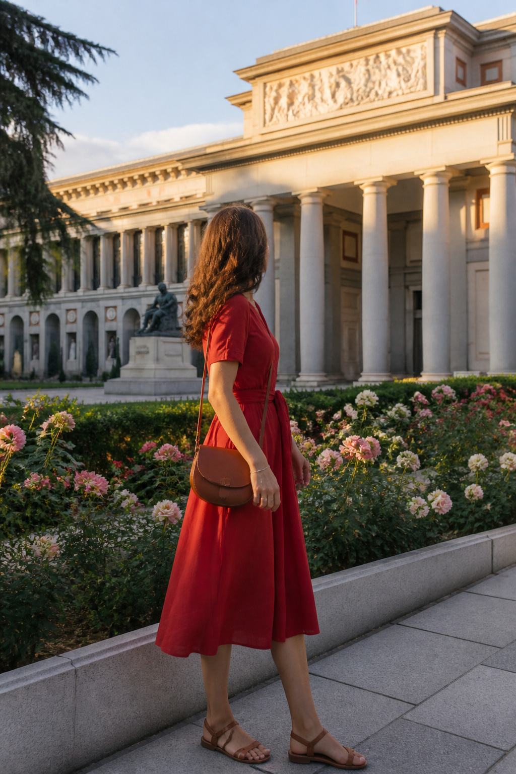 What to Wear in Spain in Summer 2026: 9 Outfit Essentials 3 A woman stands in front of the Prado Museum wearing a red midi dress.