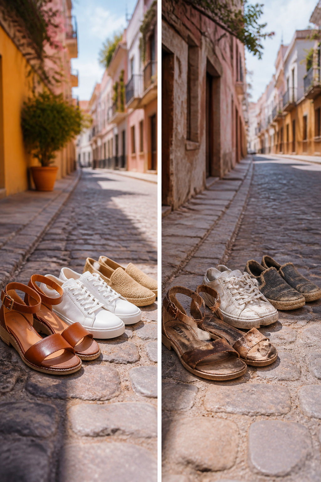 What to Wear in Spain in Summer 2026: 9 Outfit Essentials 5 A pair of flat leather sandals and minimal sneakers on cobblestone streets.