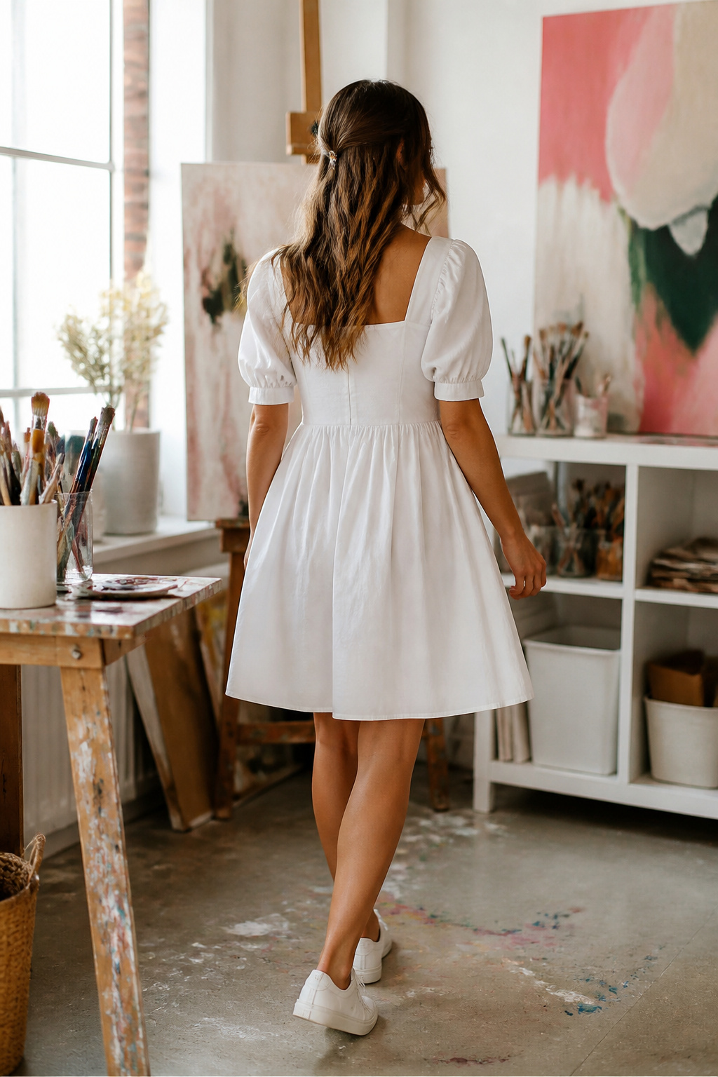 A model in a puff sleeve dress with gently gathered sleeves.