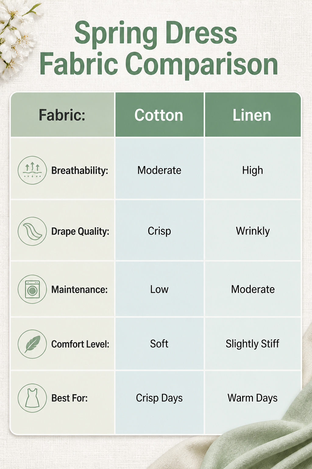 An informational image comparing various spring dress fabrics.