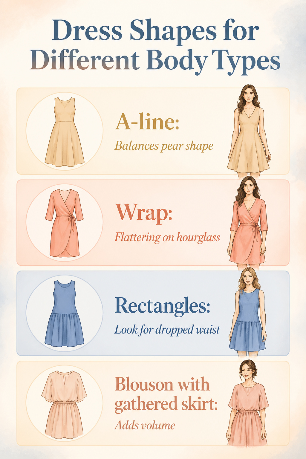 An image showing various dress shapes suited for different body types.