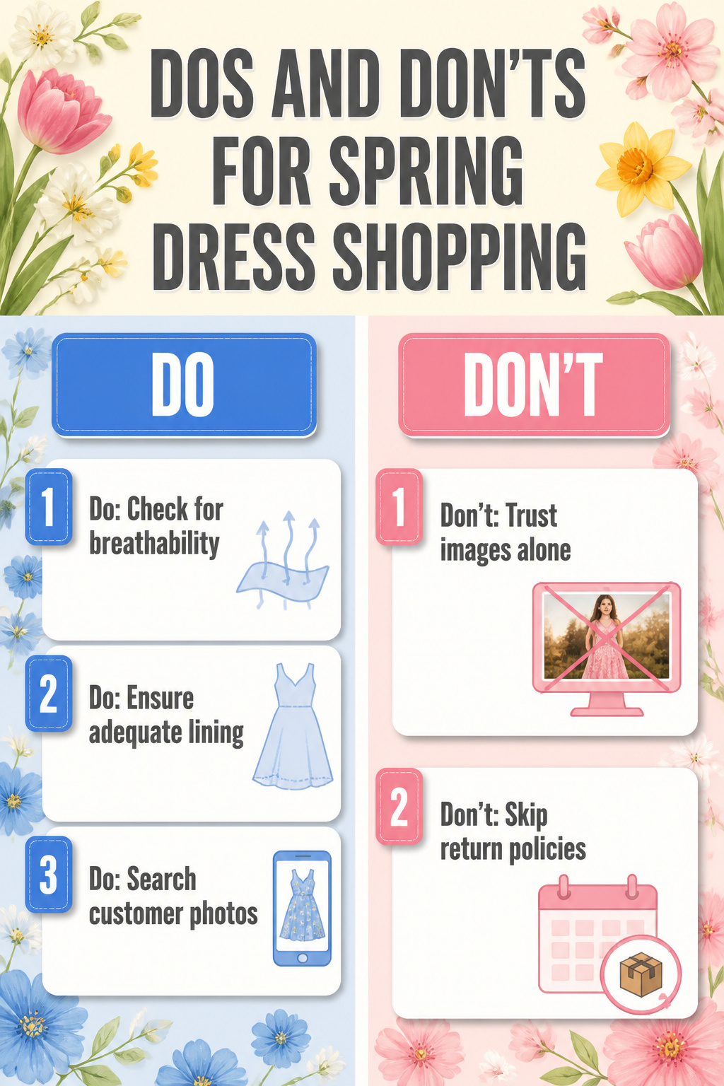 An informational graphic outlining shopping tips for spring dresses.