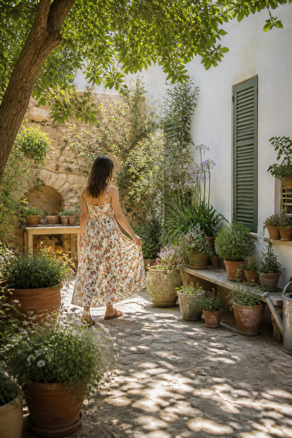 A sundress with a relaxed fit and wide straps on a model.