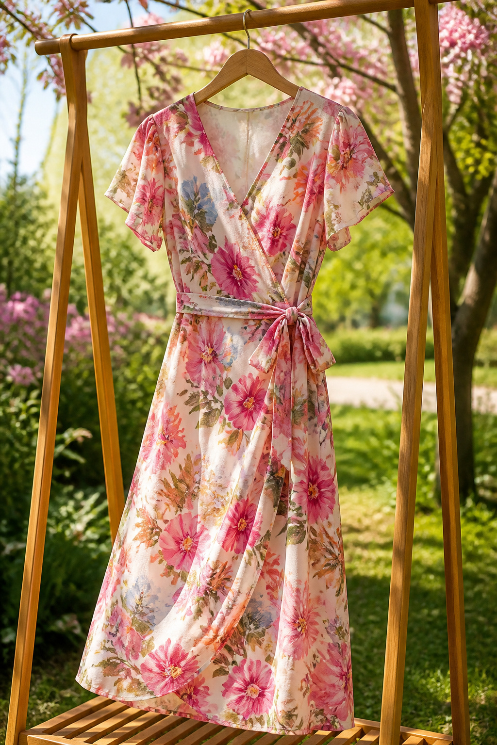 A wrap dress with a tie at the waist on a model.
