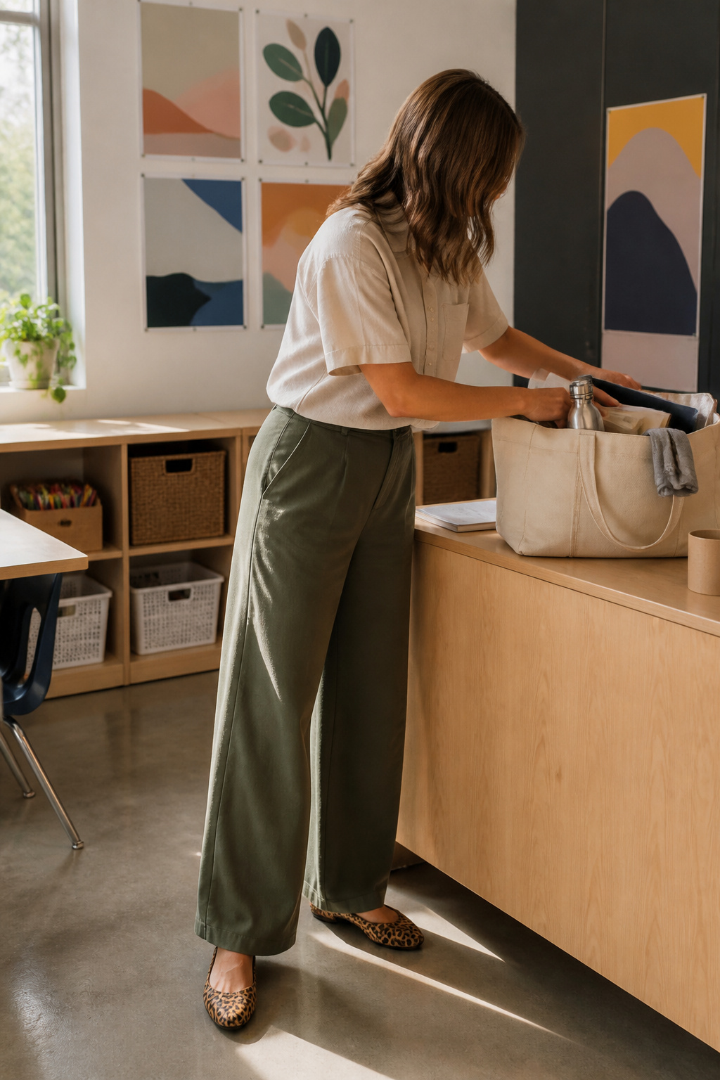 Teacher in a neutral button-down shirt and olive wide-leg pants by a desk.
