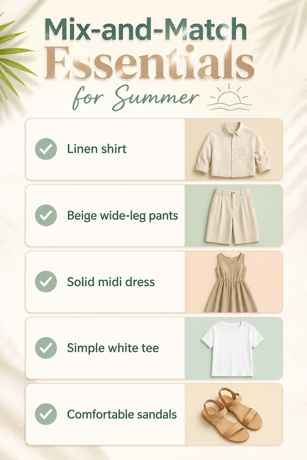Mix-and-match essentials including a linen shirt and wide-leg pants.