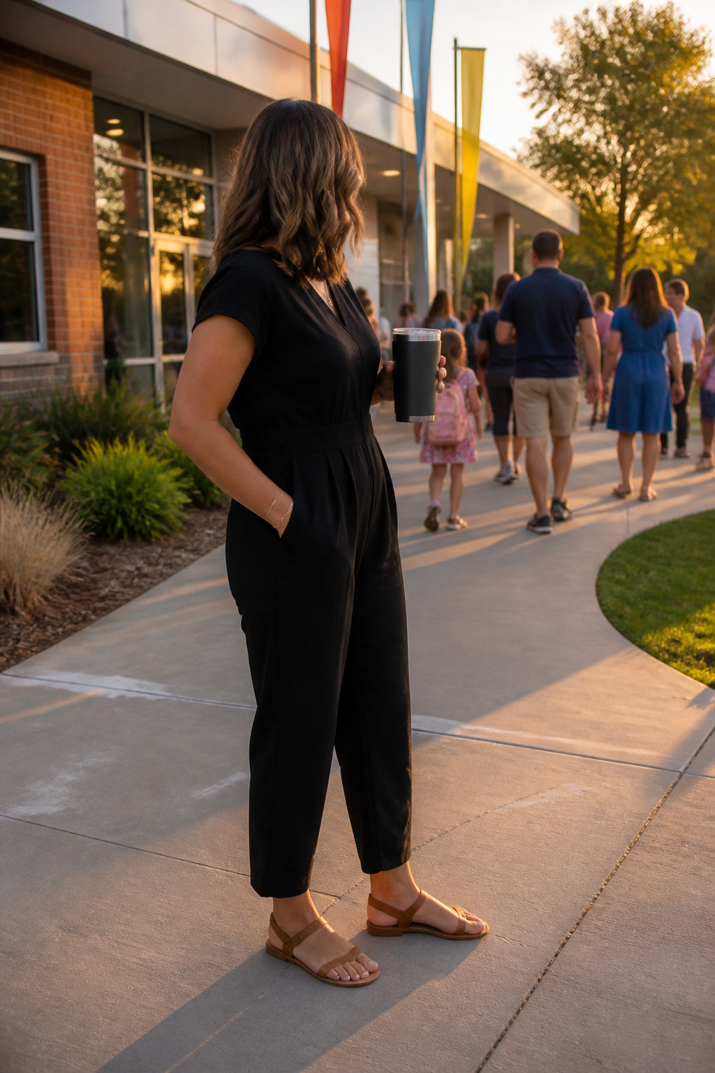 Teacher wearing a black short-sleeve jumpsuit and flat sandals at school entrance.