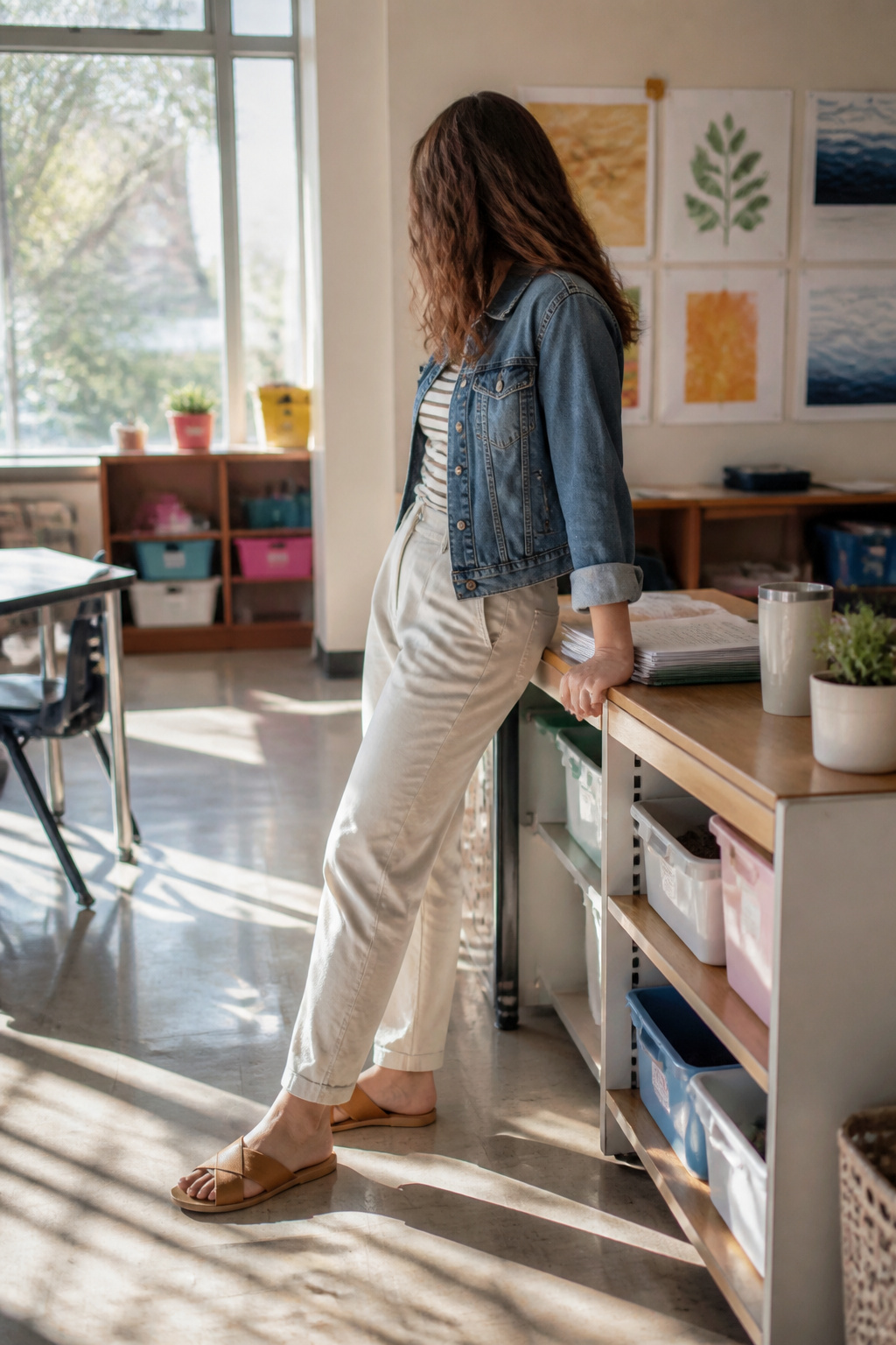 Teacher in neutral trousers and a striped tee leaning against a desk.