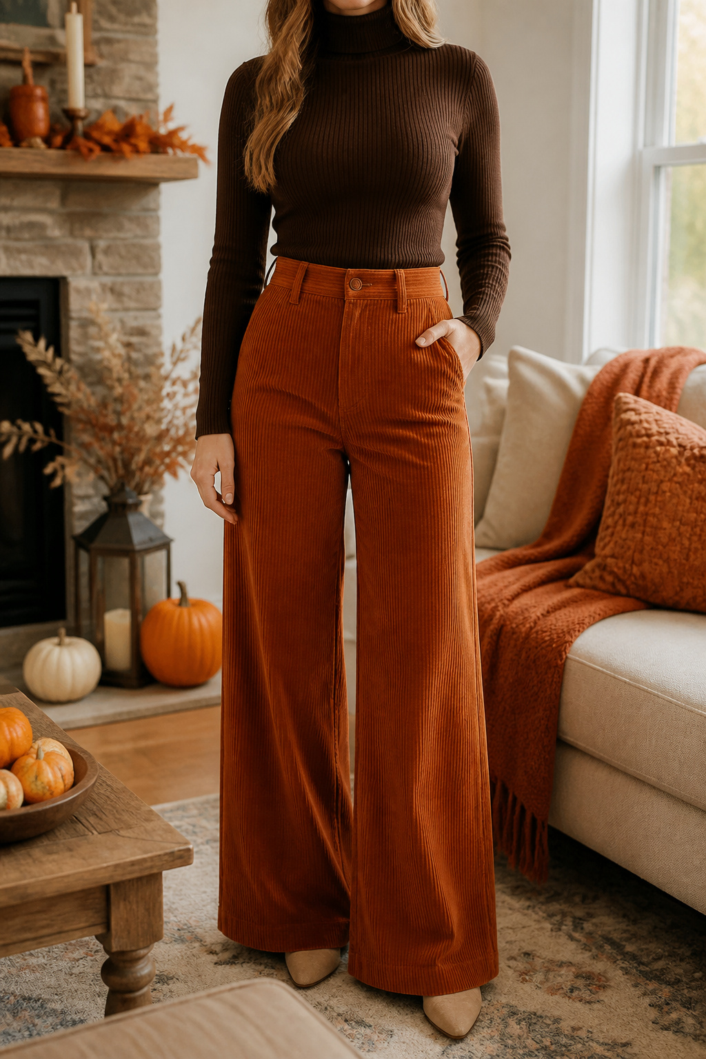 A model in wide-leg corduroy pants and a fitted turtleneck.