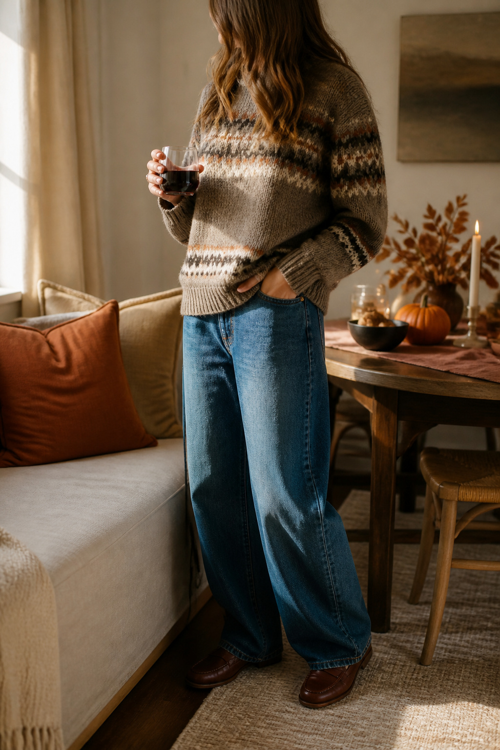 A model in a Fair Isle sweater and relaxed denim jeans.