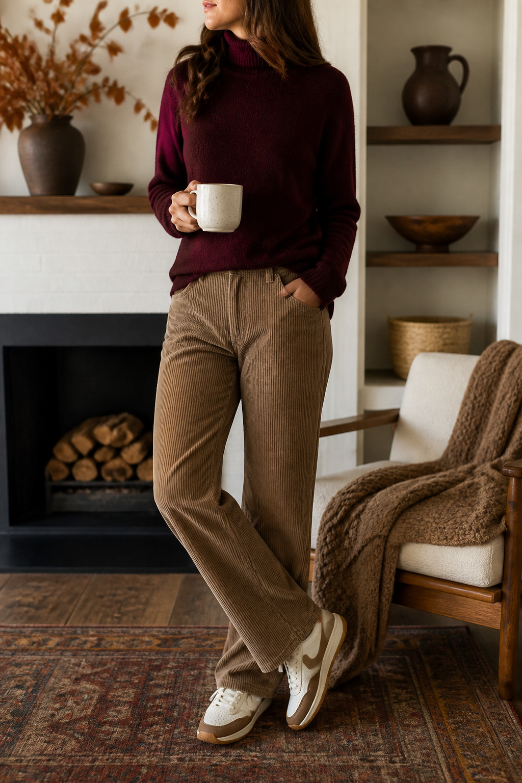 A model wearing a burgundy turtleneck and charcoal trousers.
