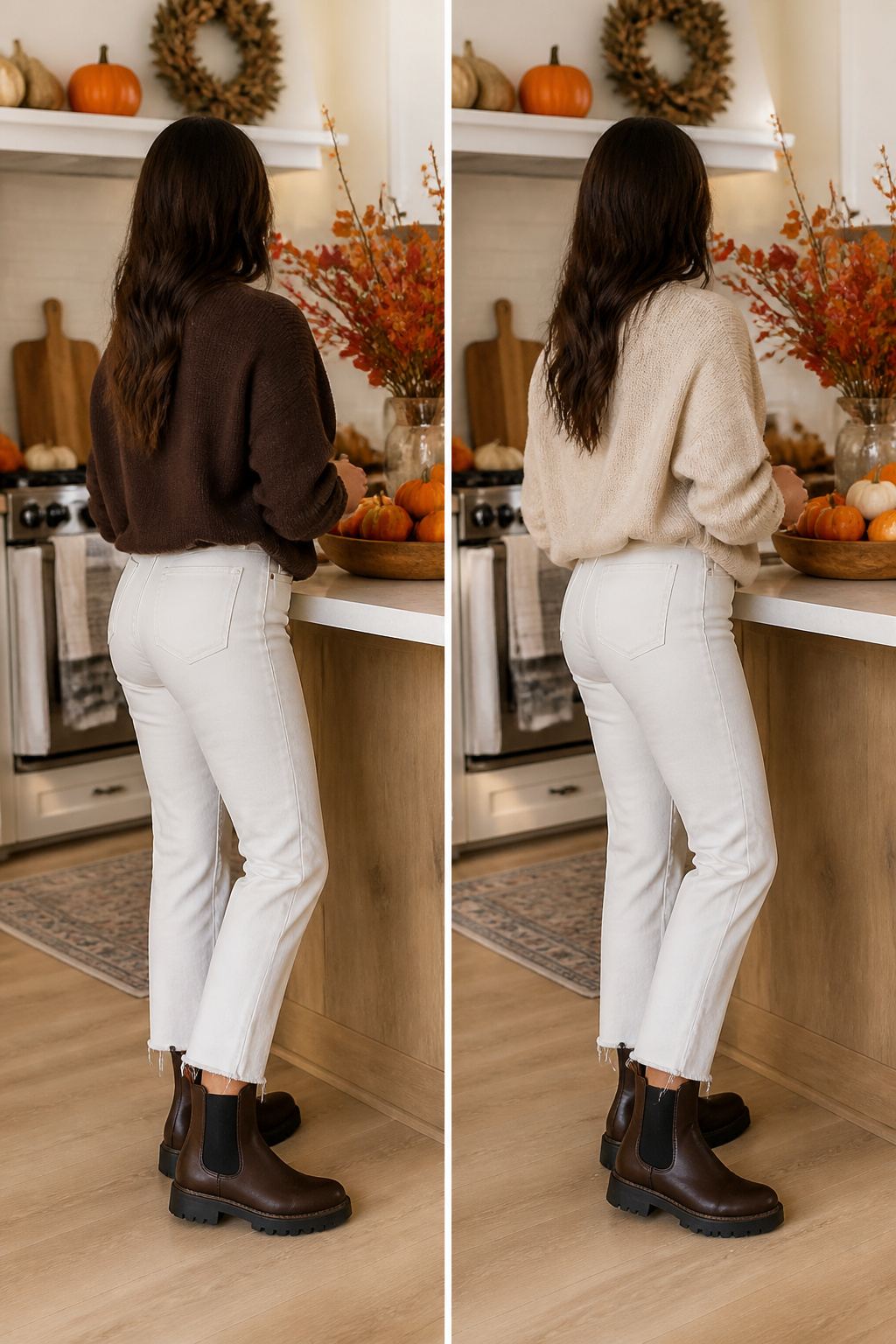 A model in white jeans and a wool pullover with Chelsea boots.