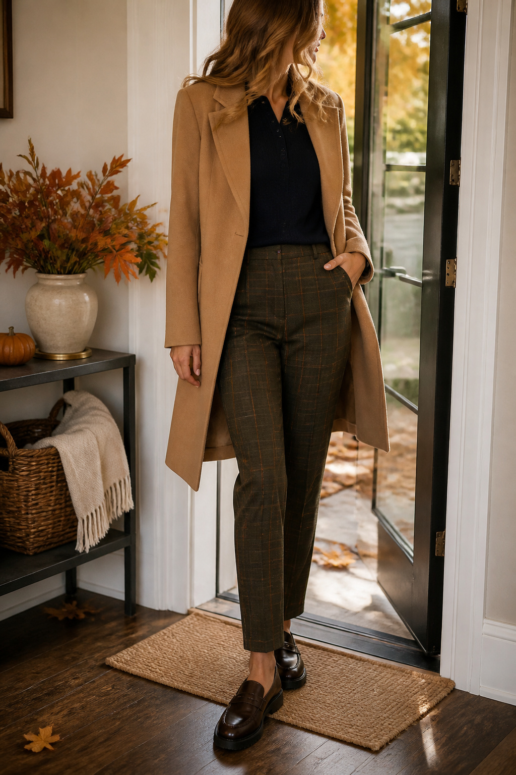 A model in a navy polo and camel coat with plaid trousers.