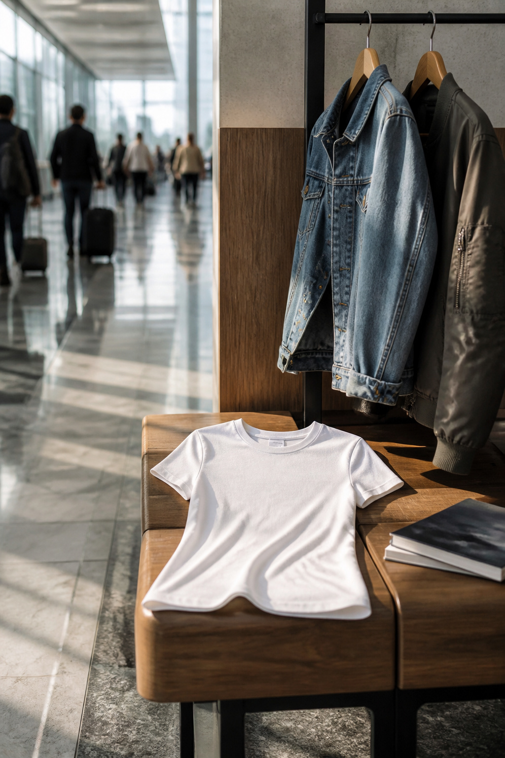 A form-fitting white tee on a wooden bench in an airport terminal.