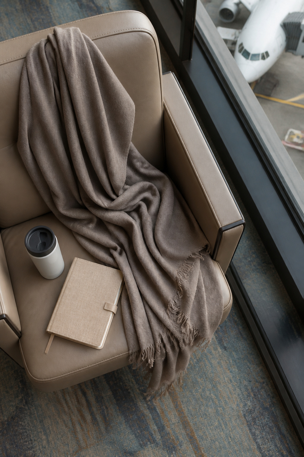 A travel wrap displayed on a stylish airport chair.