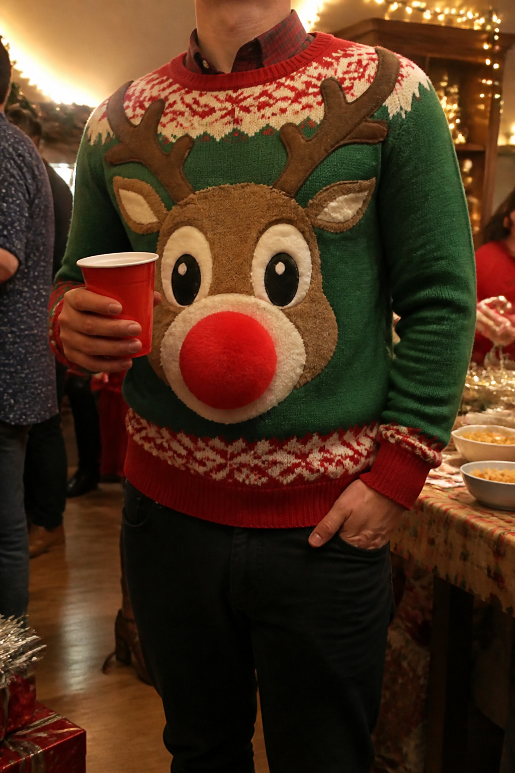 Ugly Christmas Sweaters: Styles, Trends & Where to Buy 7 An ugly Christmas sweater with a protruding plush reindeer nose at a lively gathering.