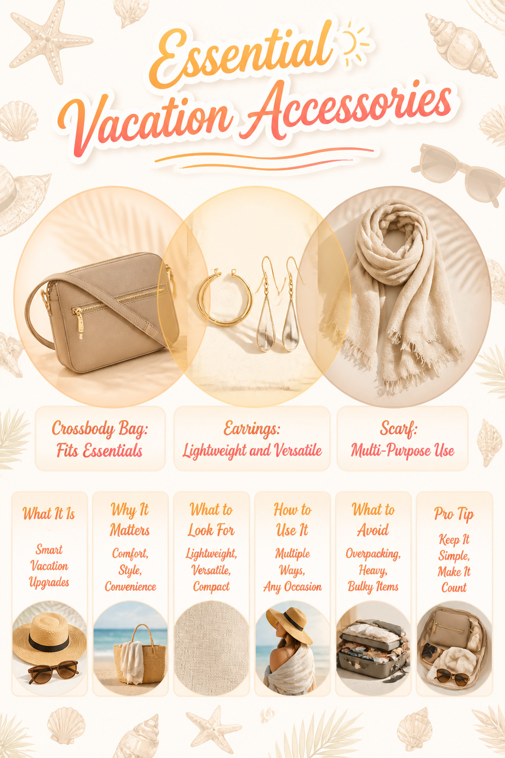 Vacation Outfits for Women: 8 Practical Ideas for 2026 12 A collection of vacation accessories including a bag and scarf.