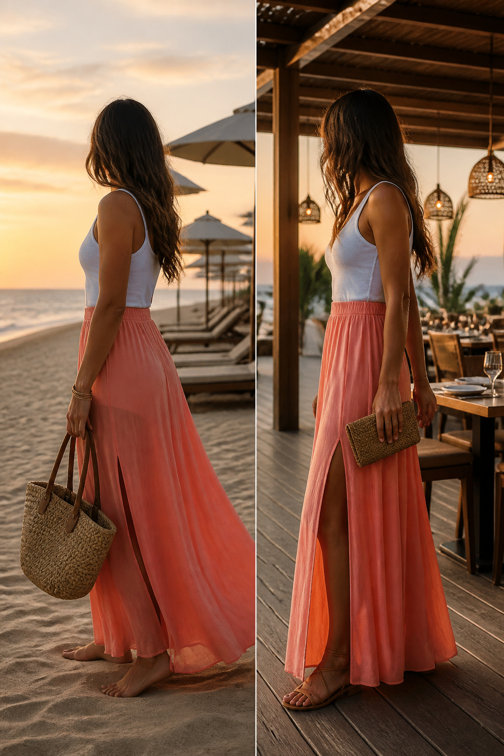 Vacation Outfits for Women: 8 Practical Ideas for 2026 4 A flowing maxi skirt displayed against a beach backdrop.