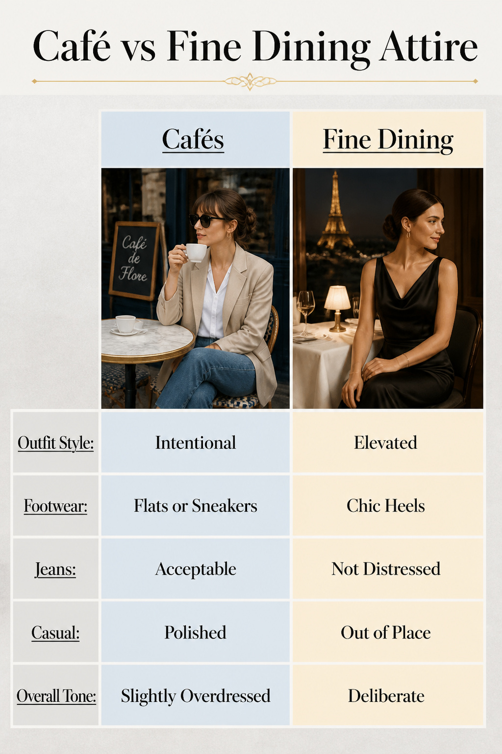 A graphic comparing café and fine dining attire.
