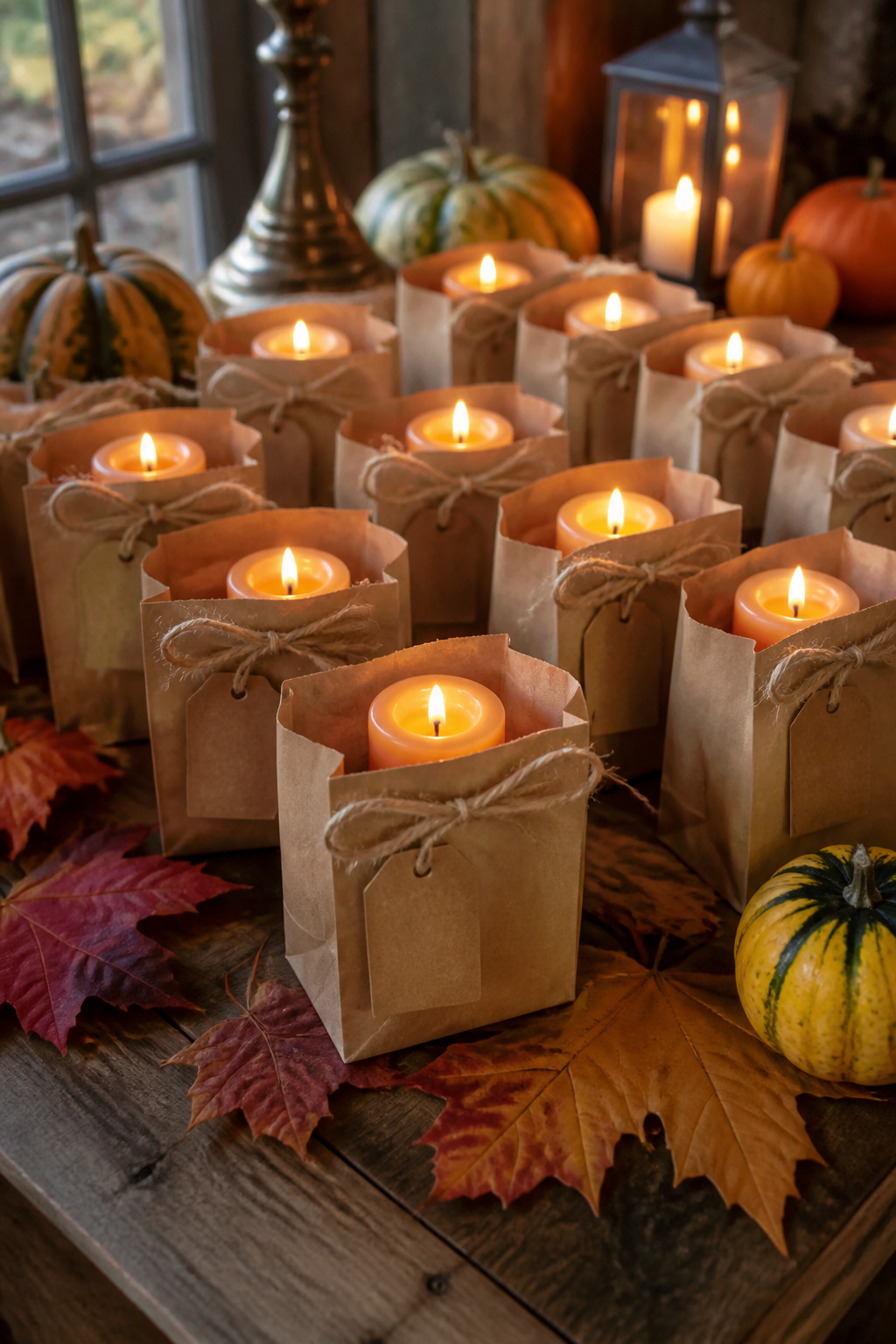 7 Autumn Wedding Ideas for Colors, Decor, Venues & More 7 A display of mini pumpkin spice candles on a wooden table.