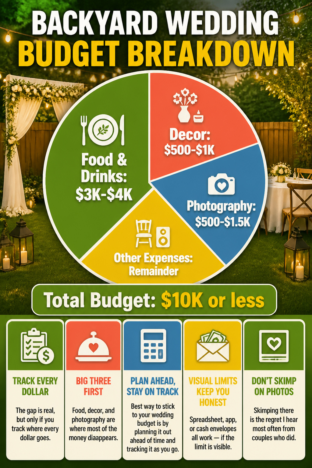 7 Cheap Backyard Wedding Ideas: Budget-Friendly Decor, Food & More (2026) 8 Information graphic detailing backyard wedding budget breakdown.