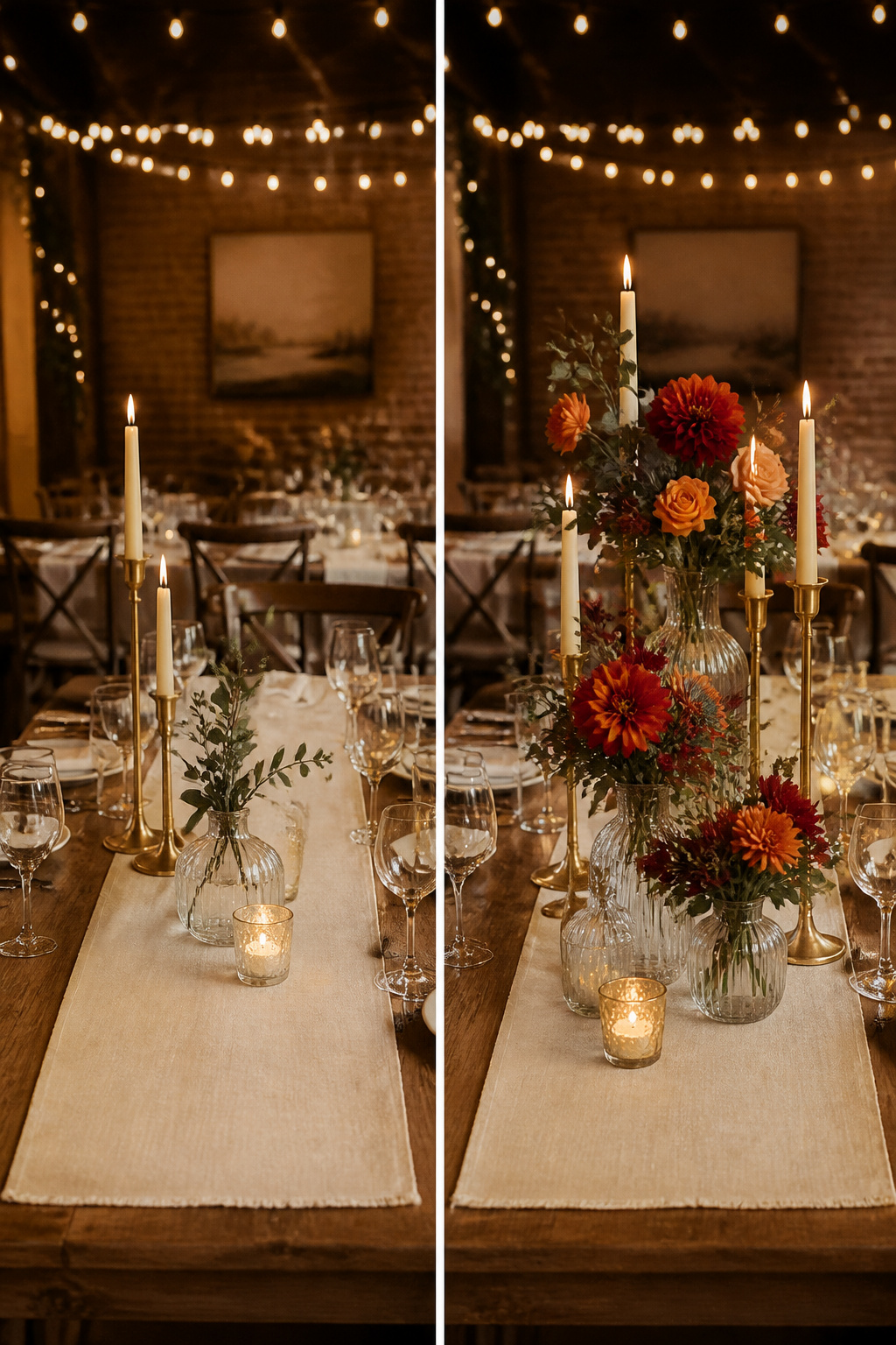 Centerpieces of different heights arranged on a wedding table.