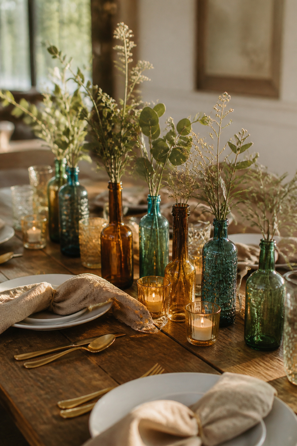 An arrangement of colored glass bottles with greenery on a table.