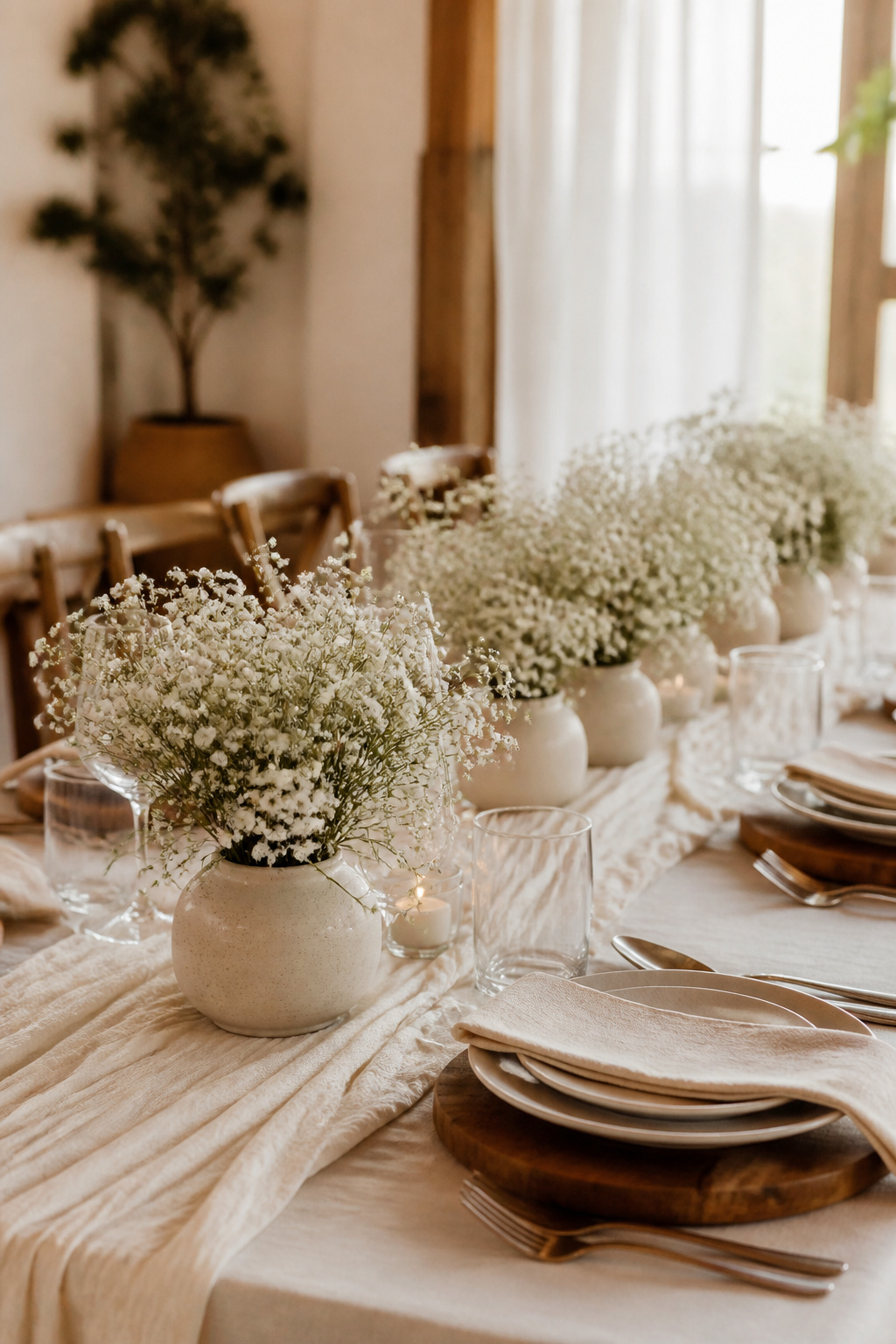 Ceramic bud vases with clusters of baby's breath on a dining table.