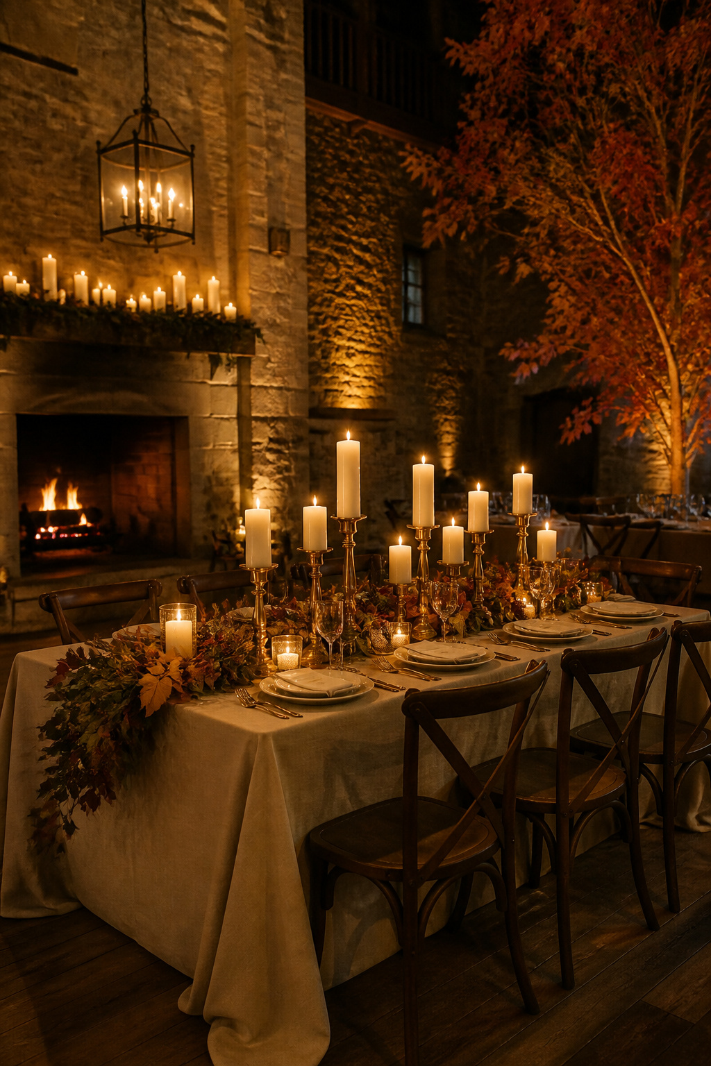 Cream pillar candles on a table with soft autumn linens.