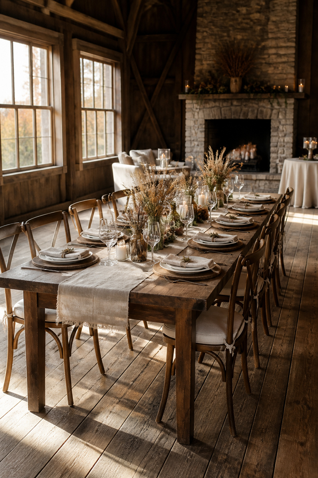 Wooden chargers paired with ceramic plates on a wedding table.