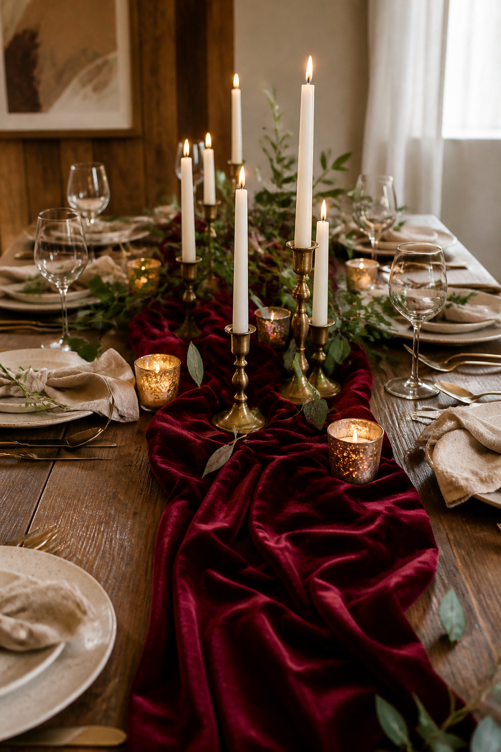 Burgundy velvet table runner on a rustic wooden table.