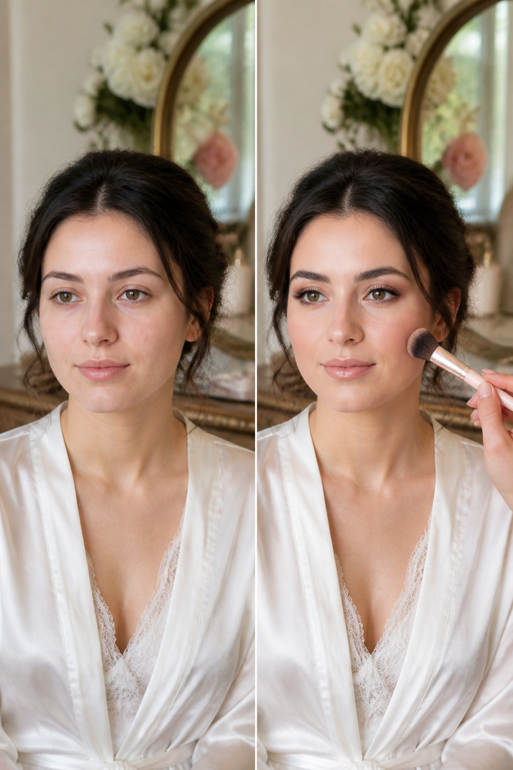 A bride with soft glam makeup featuring smooth skin and neutral tones.