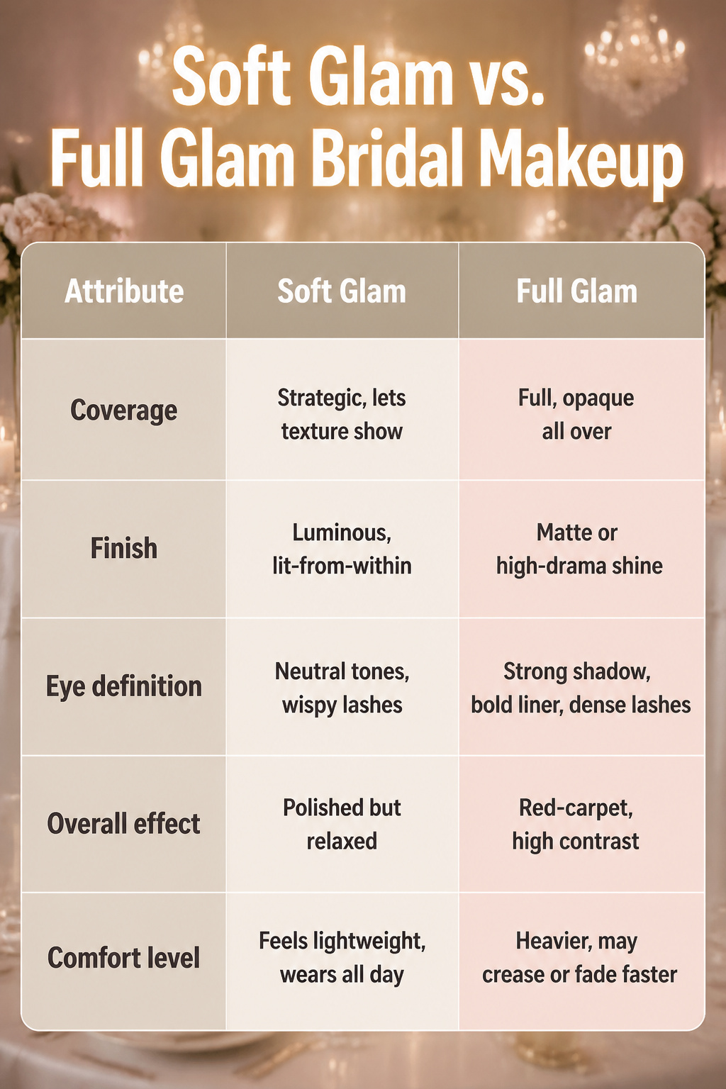 A visual comparison of soft glam versus full glam bridal makeup.